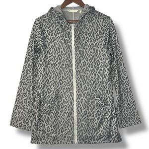 Soft Surroundings Long Hoodie M Gray Black Leopard‎ Animal Print Full Zip Jacket